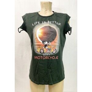 LIFE IS BETTER WITH A MOTORCYCLE Tee T Shirt L Large 40” Snoopy Bike Distressed